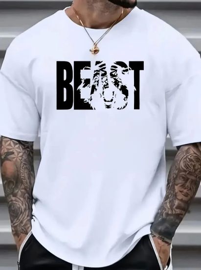 Baskılı Oversize Bisiklet Yaka T-shirt - Beyaz resmi